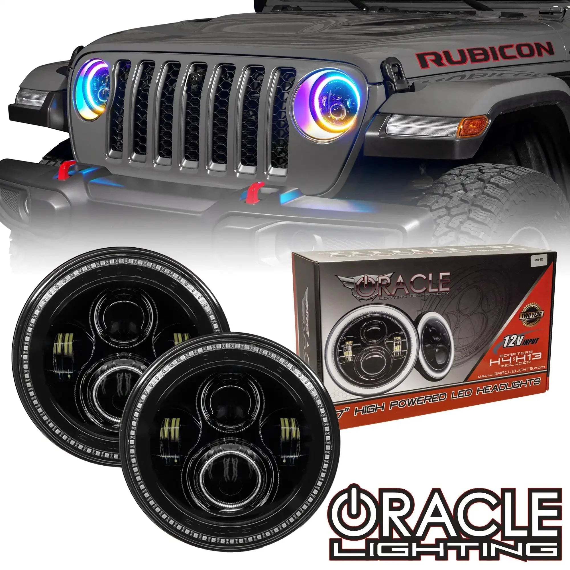 Oracle Lighting 7in High Powered LED Headlights Black Bezel w/ Dynamic ColorSHIFT Halo For Jeep Wrangler JK