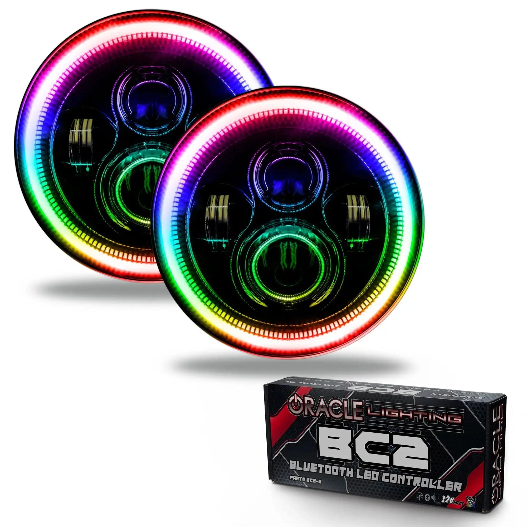 Oracle Lighting 7in High Powered LED Headlights Black Bezel w/ ColorSHIFT Halo & BC2 Controller For 1997-2018 Jeep Wrangler