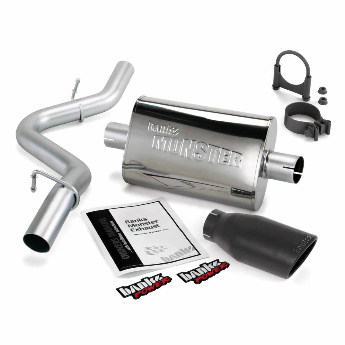 Image of Banks Power Monster Exhaust System Single Exit Black Ob Round Tip 97-99 Jeep 2.5/4.0L Wrangler