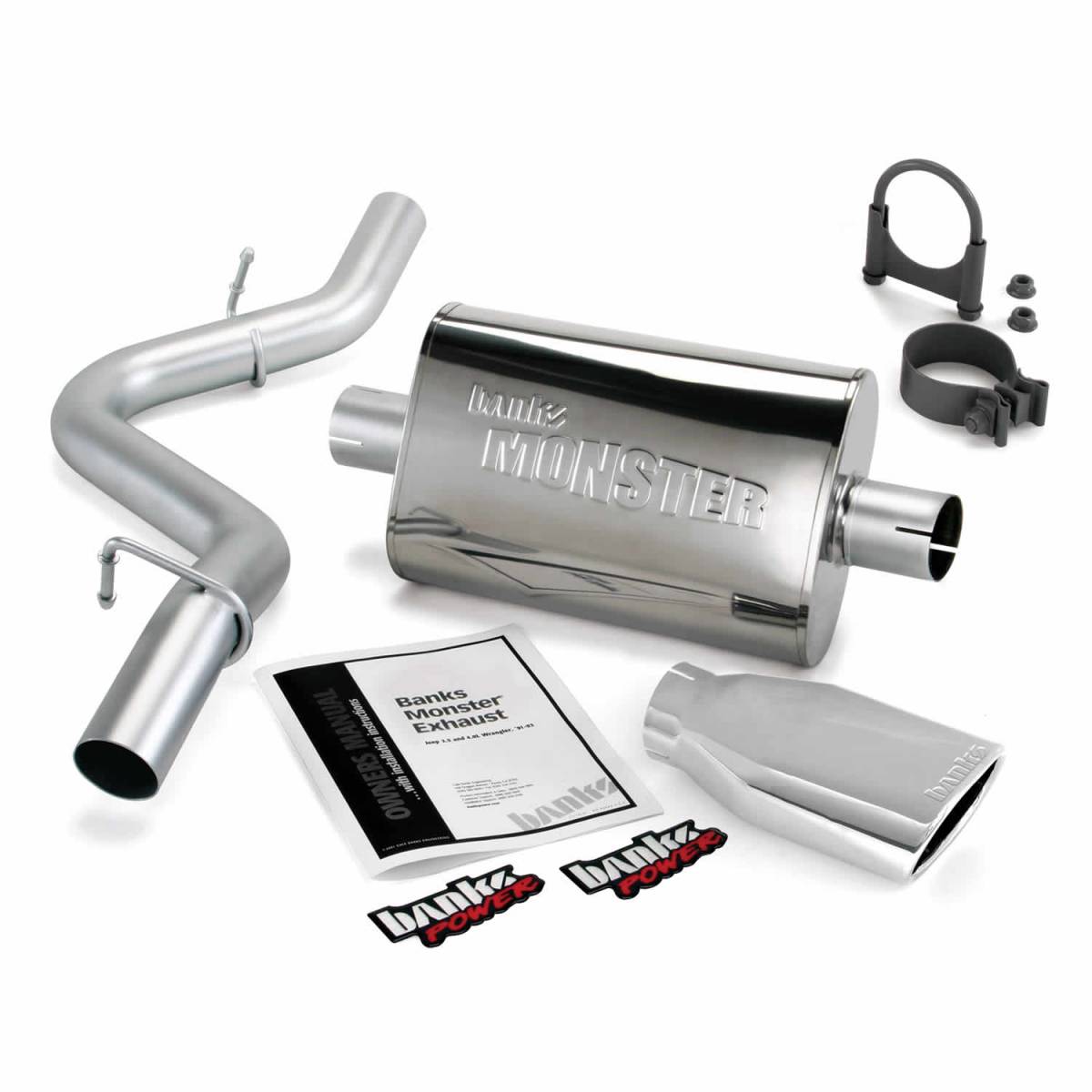 Image of Banks Power Monster Exhaust System Single Exit Chrome Ob Round Tip 97-99 Jeep 2.5/4.0L Wrangler