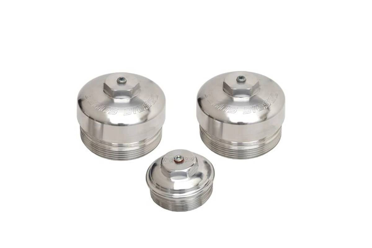Image of Bean Machine Billet Aluminum Upper Fuel Filter Cap, Lower Fuel Filter Cap, & Oil Filter Cap For 03-07 6.0L Powerstroke