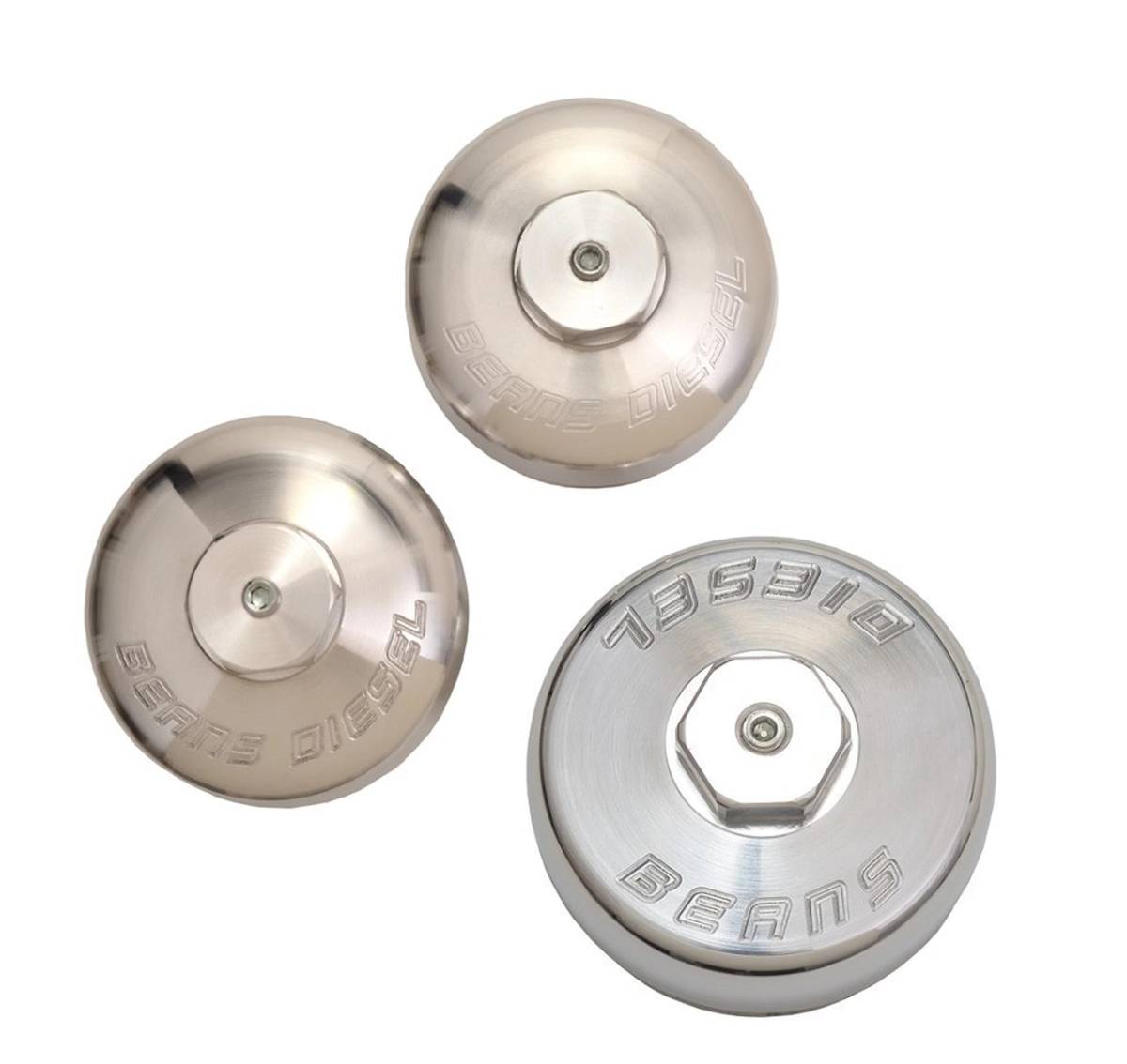 Image of Bean Machine Billet Aluminum Upper Fuel Filter Cap, Lower Fuel Filter Cap & Oil Filter Cap For 08-10 6.4L Powerstroke