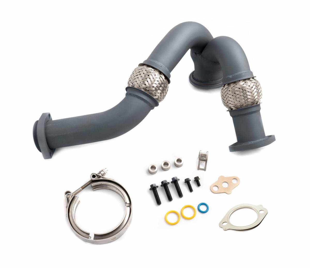 Image of Rudy's High Temp Ceramic Coated Heavy Duty 304 SS Up Pipe Kit & Turbo V-Band Clamp For 03-07 6.0 Powerstroke