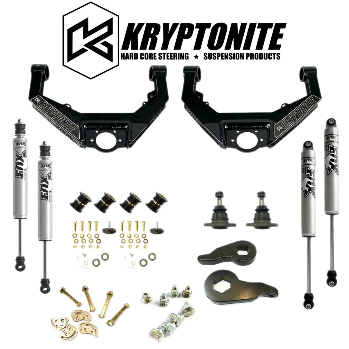 Image of Kryptonite Stage 3 Leveling Kit/Fox Shocks/Cam Bolts/Pins For 01-10 GM 2500/3500