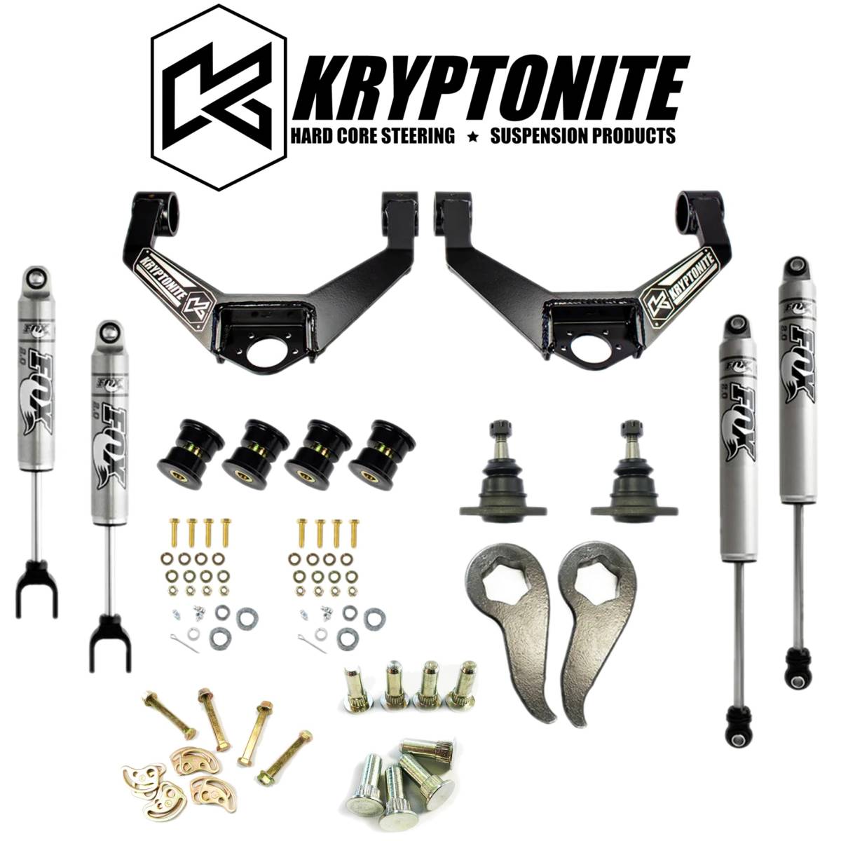 Image of Kryptonite Stage 3 Leveling Kit/Fox 2.0 Shocks/Cam Pins & Bolts For 11-19 GM 2500HD 3500HD
