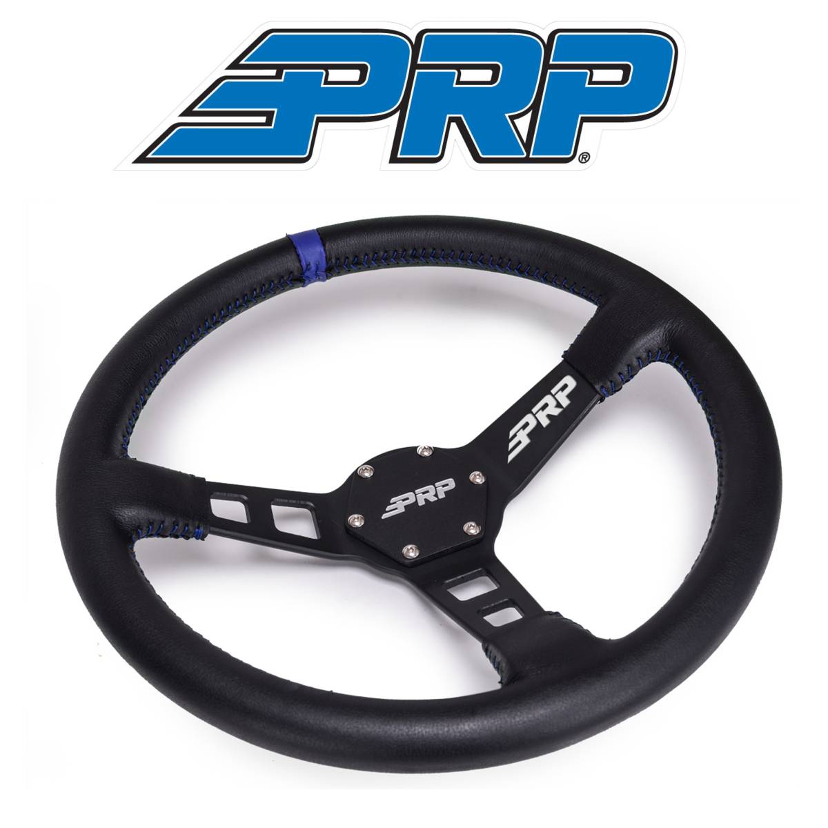 Image of PRP Deep Dish Leather Steering Wheel Blue Stripe For Polaris RZR/Can-Am Maverick