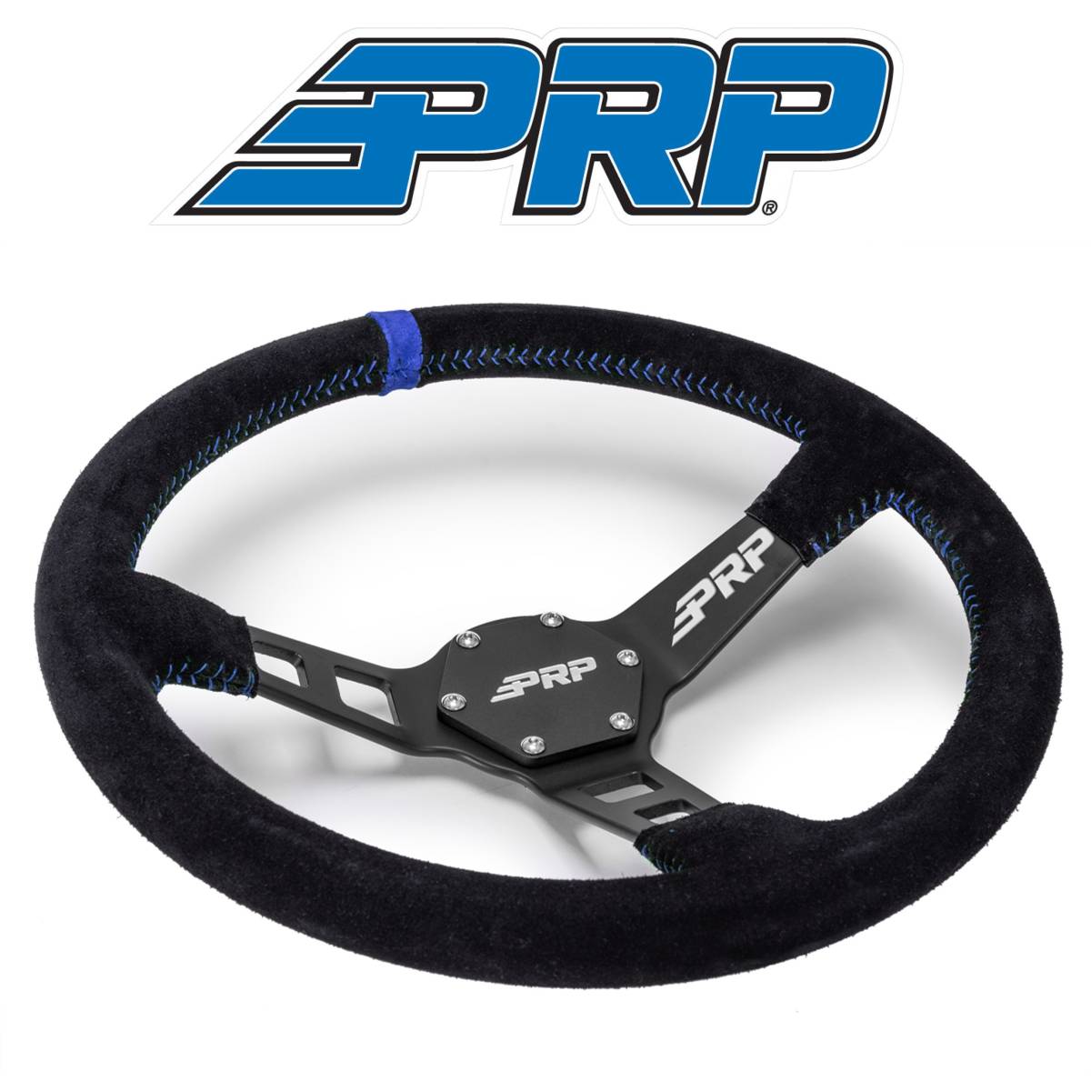 Image of PRP Deep Dish Suede Steering Wheel Blue Stripe For Polaris RZR/Can-Am Maverick