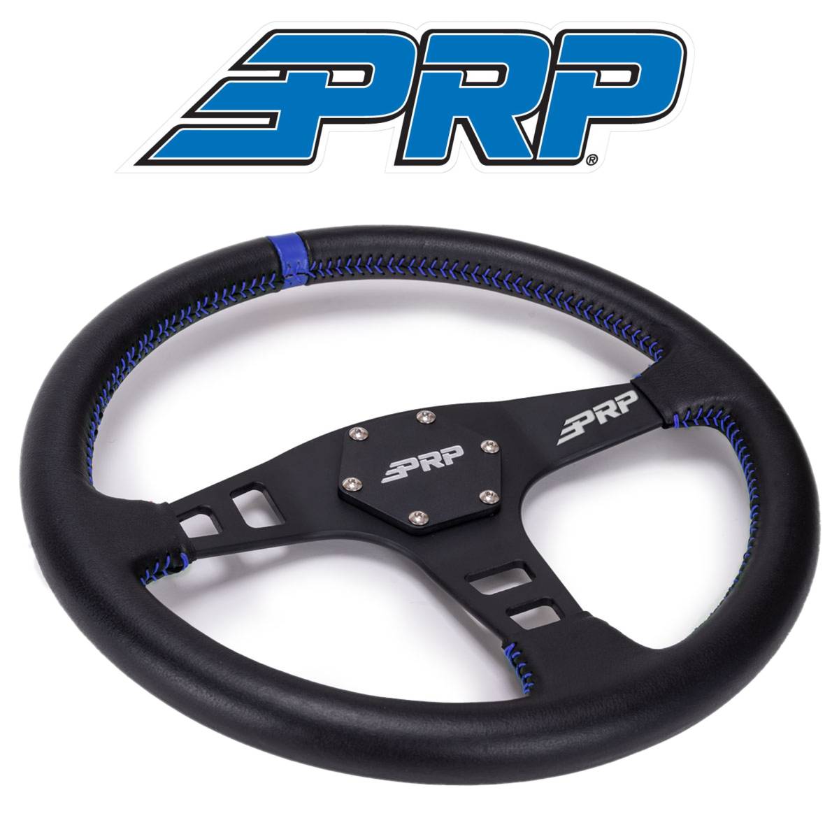 Image of PRP Flat Leather Steering Wheel Blue Stripe For Polaris RZR/Can-Am Maverick