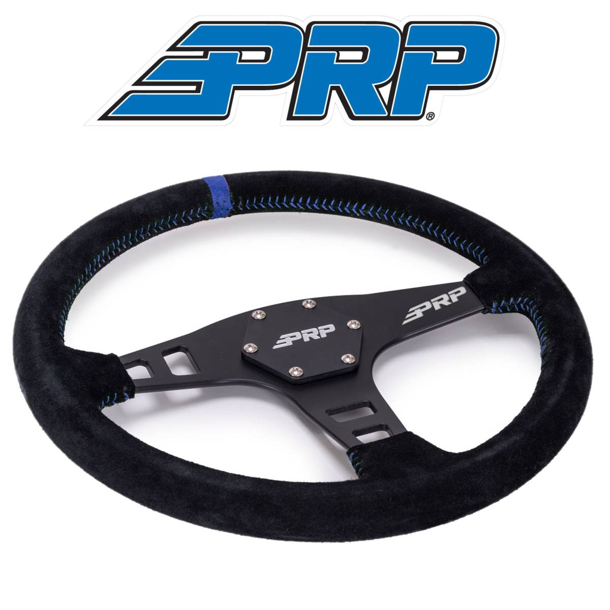 Image of PRP Flat Suede Steering Wheel With Blue Stripe For Polaris RZR/Can-Am Maverick