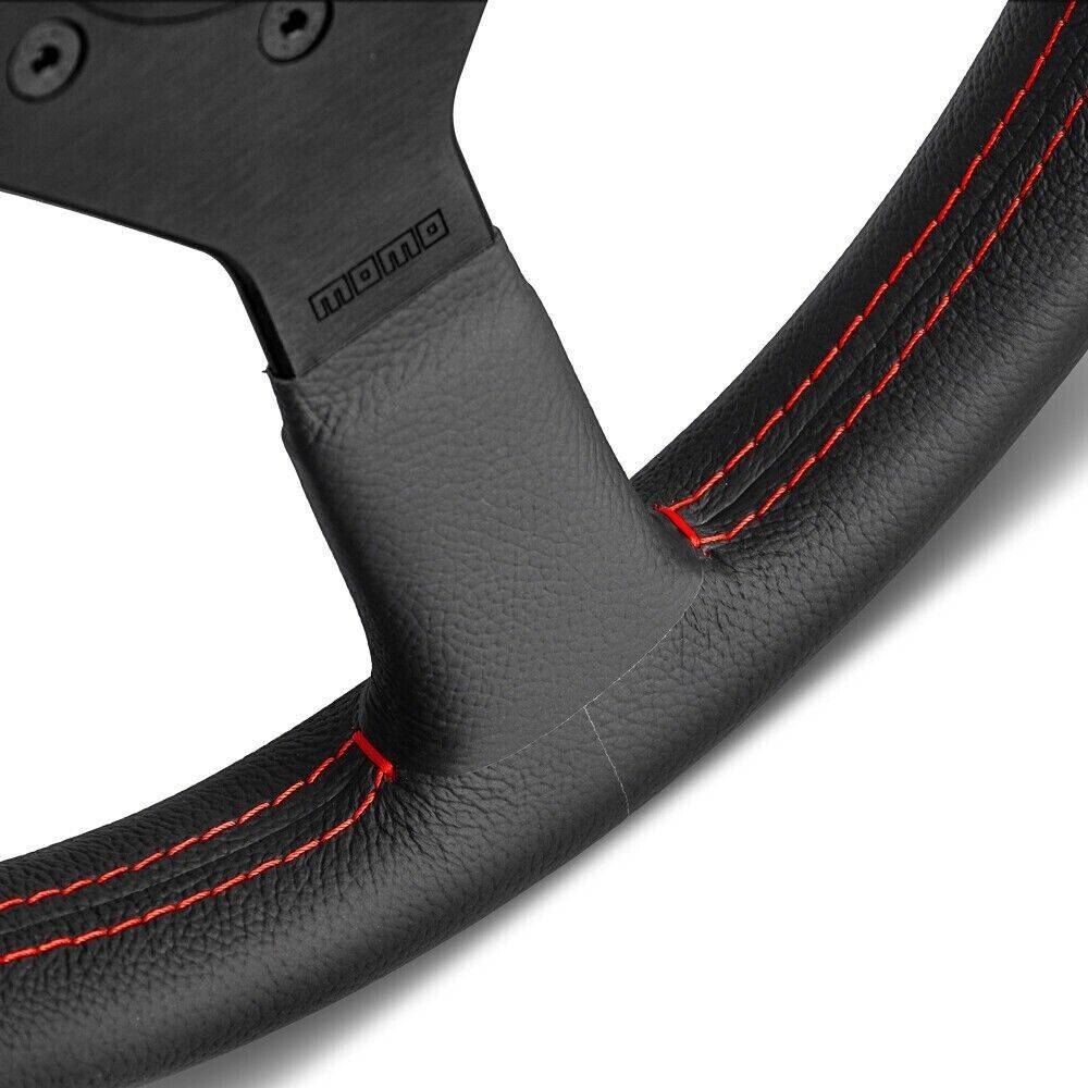 Momo Monte Carlo 350mm Black Leather Wheel Red Stitching – Rudy's