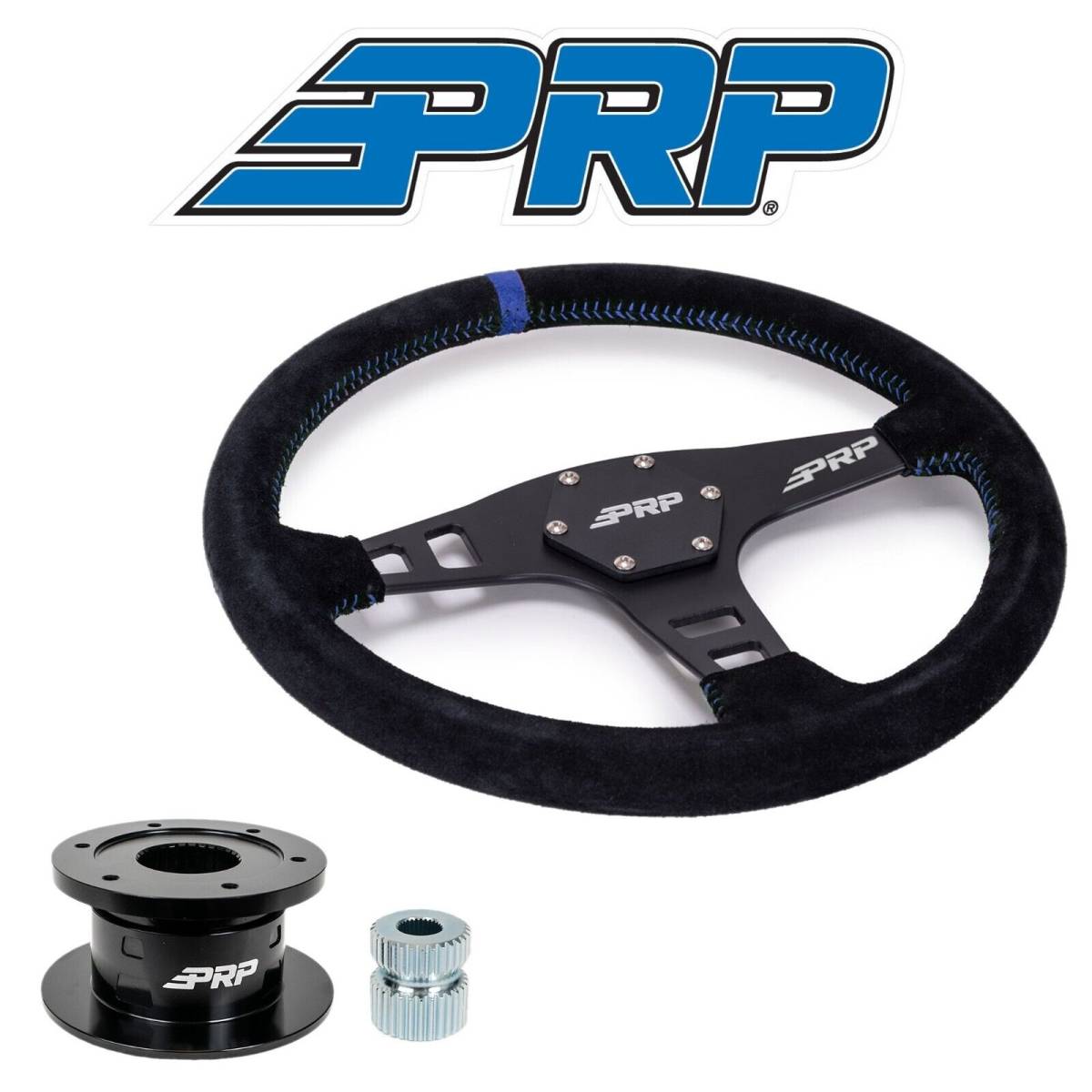 Image of PRP Flat Suede Steering Wheel Blue Stripe/Universal Weld On Quick Release