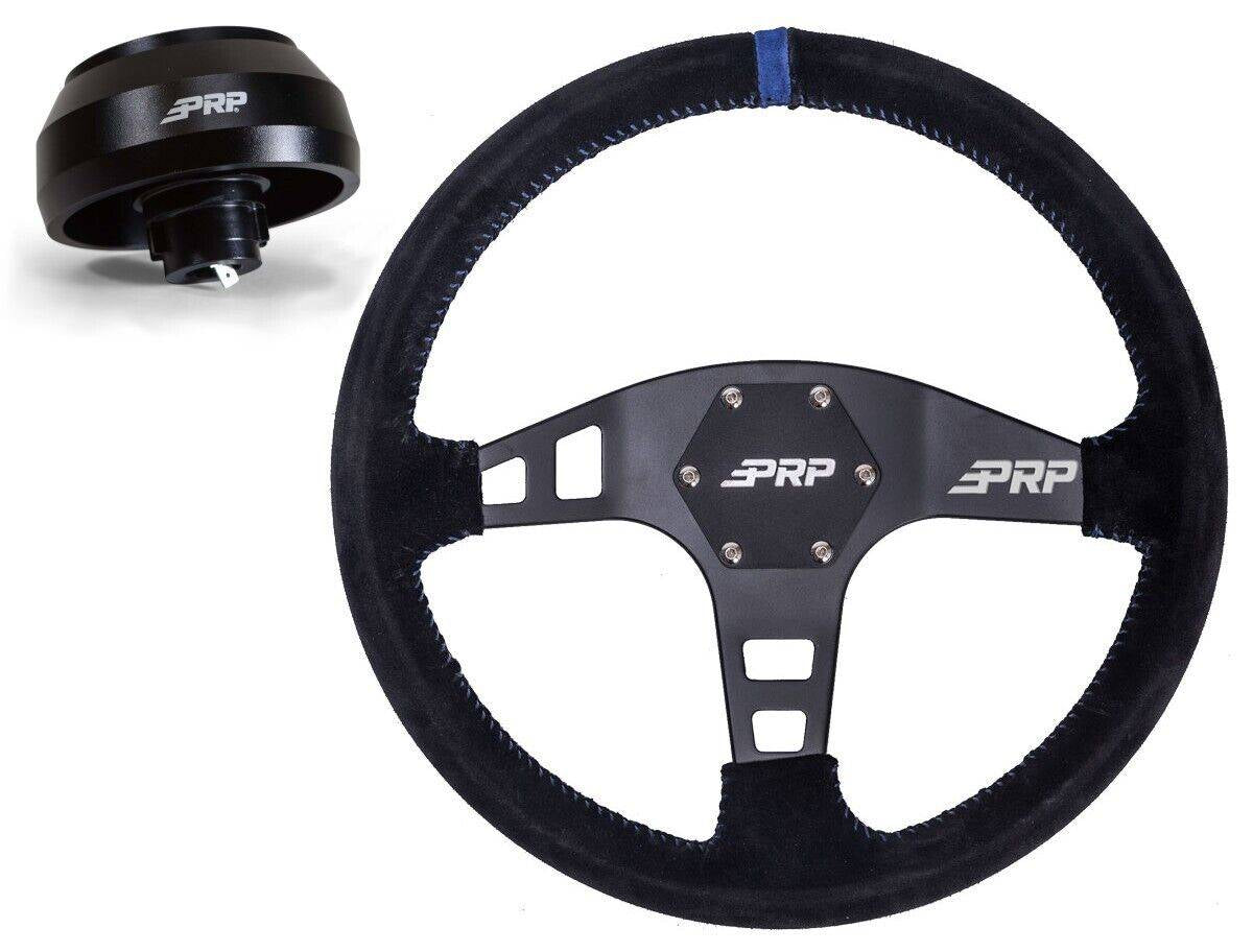 Image of PRP Flat Suede Steering Wheel Blue Stripe/6 Bolt Hub For 2005-2021 Toyota Tacoma