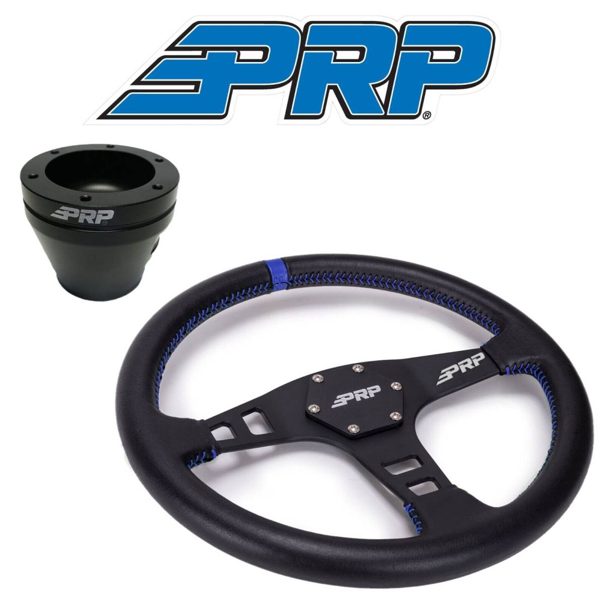 Image of PRP Flat Leather Wheel Blue Stripe With UTV Hub Adapter For Polaris & Can-Am