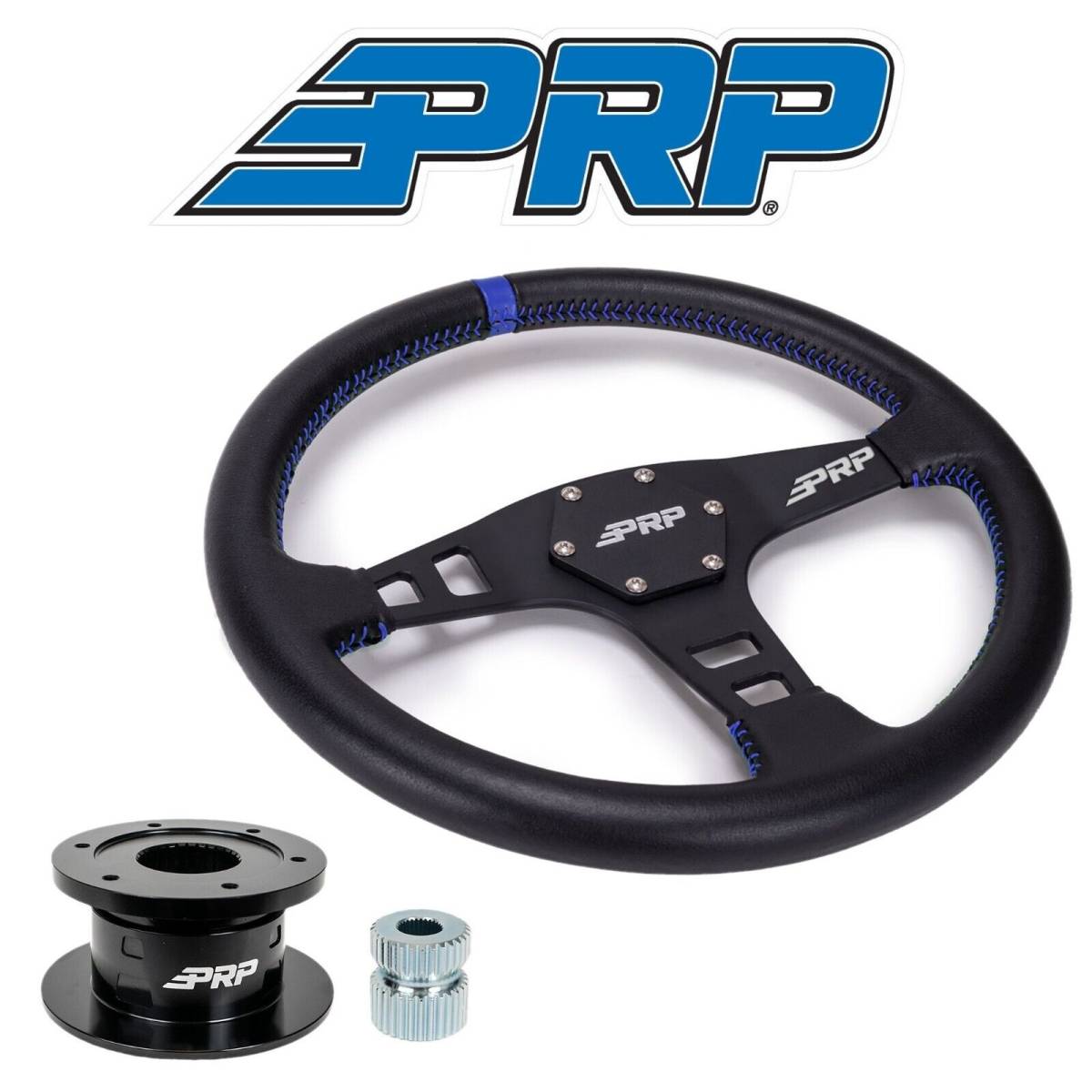 Image of PRP Flat Leather Steering Wheel Blue Stripe/Quick Release Hub For Polaris/Can-Am