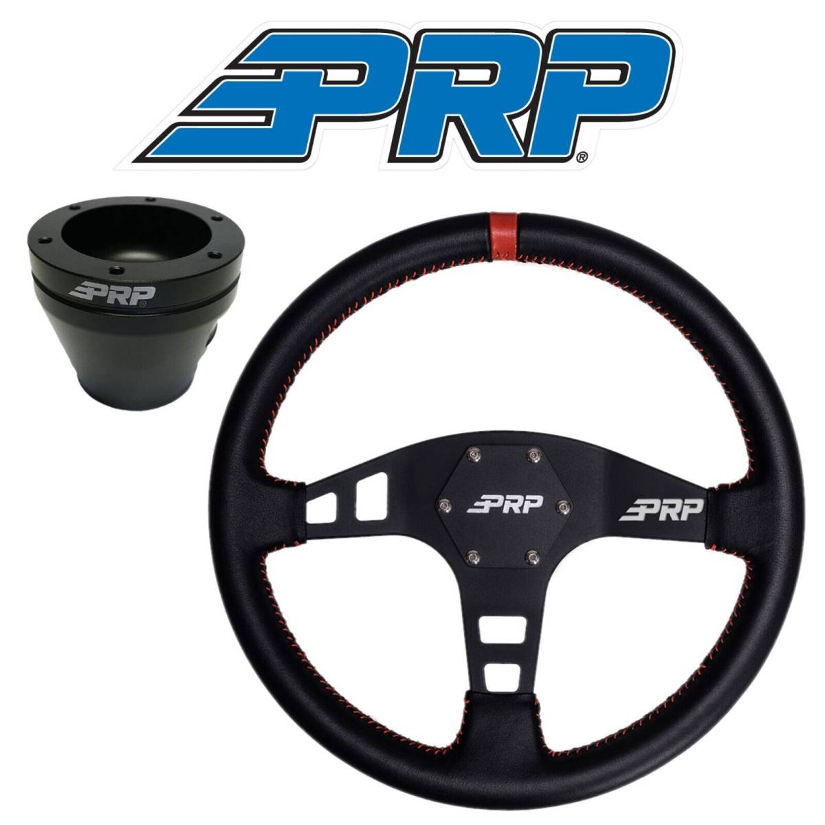 Image of PRP Flat Leather Wheel Red Stripe With UTV Hub Adapter For Polaris & Can-Am
