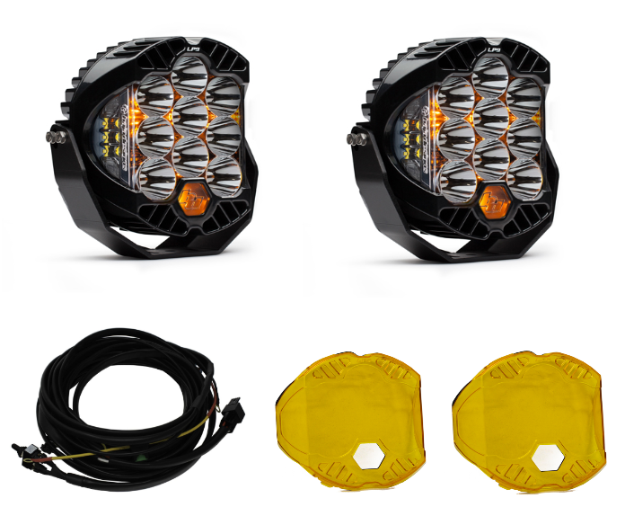 Image of Baja Designs LP9 Pro Spot LED Light Kit w/ Wiring Harness & Amber Rock Guards