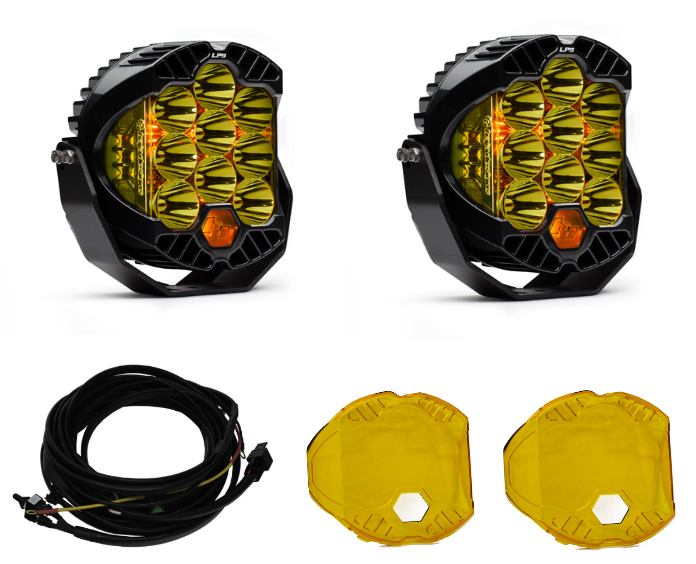 Image of Baja Designs LP9 Pro Amber Spot Light Pod Kit W/ Wiring Harness & Amber Guards