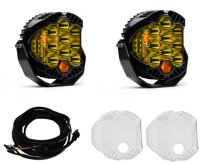 Image of Baja Designs LP9 Pro Amber Spot Light Pod Kit W/ Wiring Harness & Clear Guards