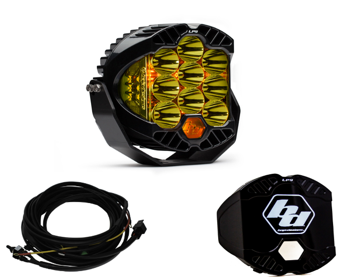 Image of Baja Designs LP9 Pro Spot Amber Light Kit W/ Wiring Harness & Black Rock Guard