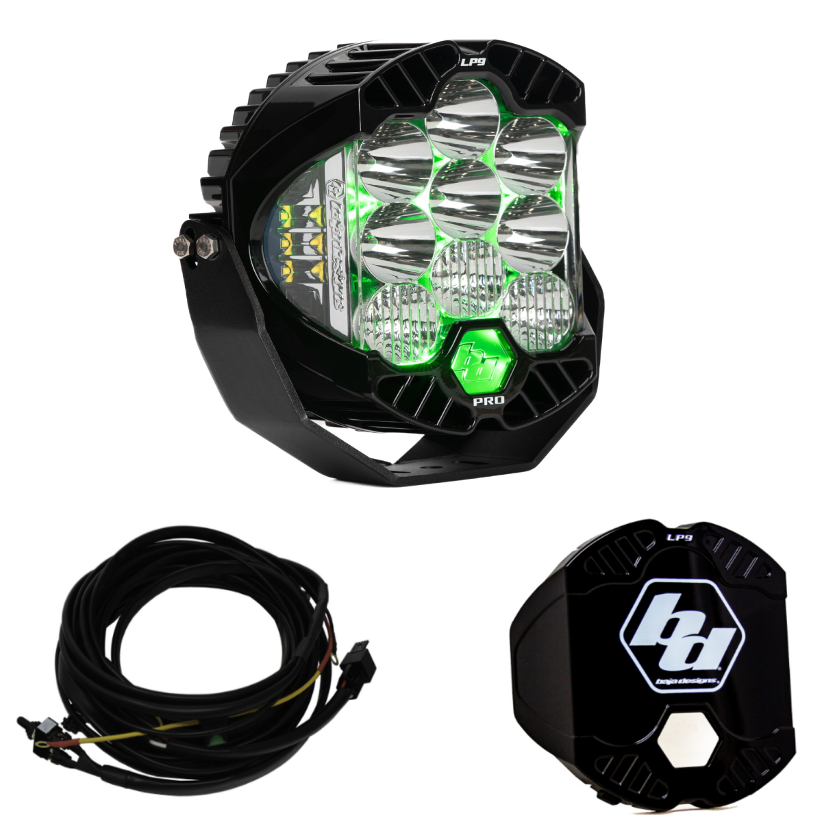Image of Baja Designs LP9 Pro Driving/Combo LED Light Kit w/ Green Backlight-Guard-Wiring