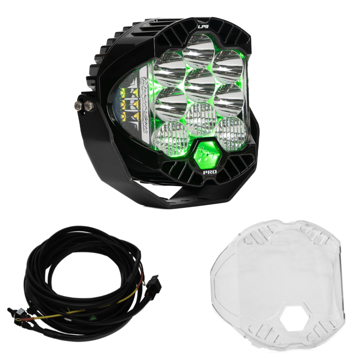 Image of Baja Designs LP9 Pro Driving/Combo LED Light Kit w/ Green Backlight-Wiring-Guard