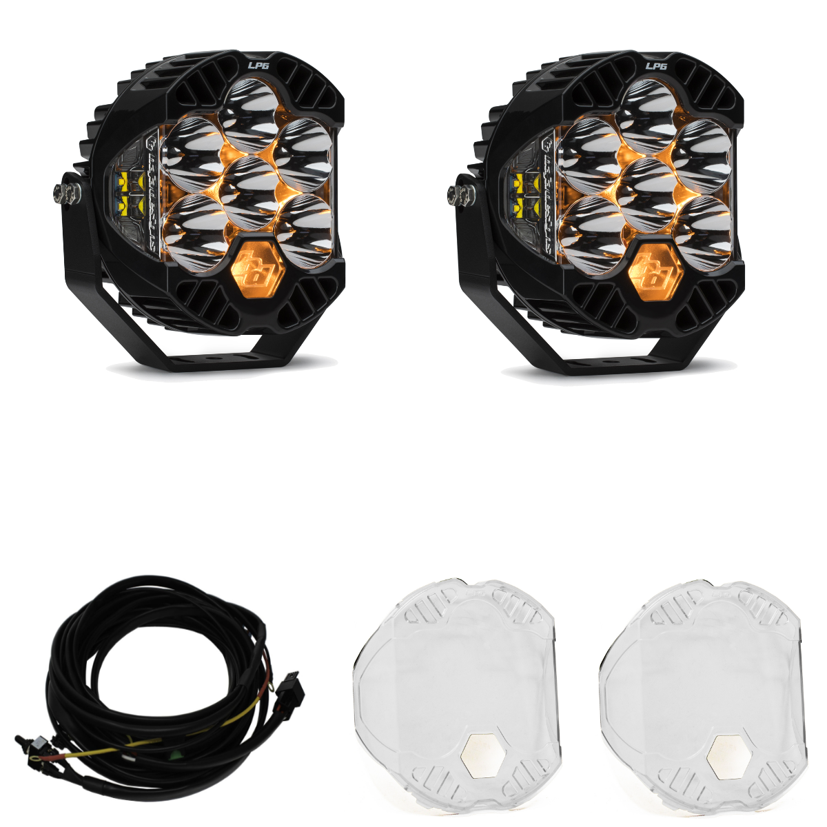 Image of Baja Designs LP6 Pro Spot LED Light Kit w/ Wiring Harness & Clear Rock Guards