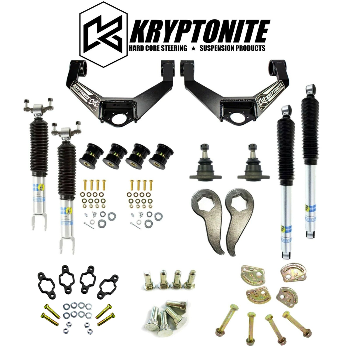 Image of Kryptonite Stage 3 Leveling Kit/Bilstein Shocks/Cam Bolts/Alignment Pin Kit 11-19 GM 2500HD 3500HD