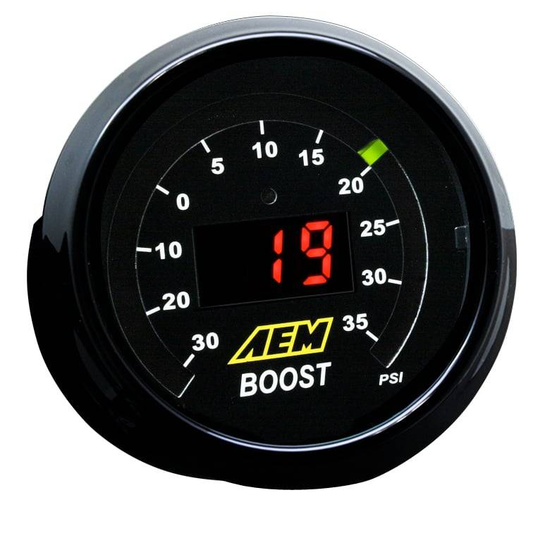 Image of AEM 30-35psi Boost Display Gauge- Black & Silver Bezel - Black & White Faceplate