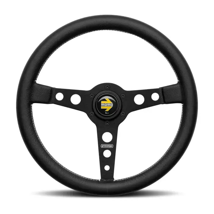 Image of Momo Prototipo Black Edition 350MM Leather Steering Wheel w/ White Stitching