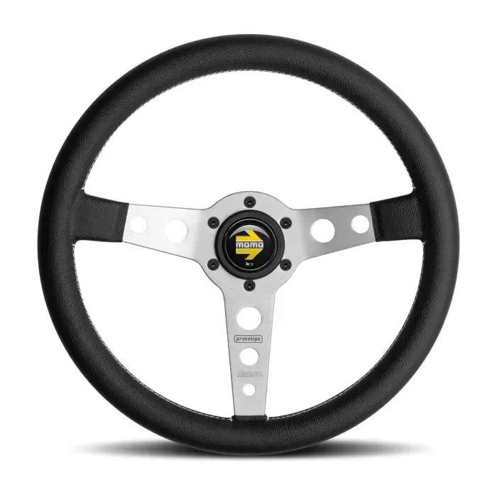 Image of Momo Prototipo 350mm Lightweight Brushed Aluminum Black Leather Steering Wheel