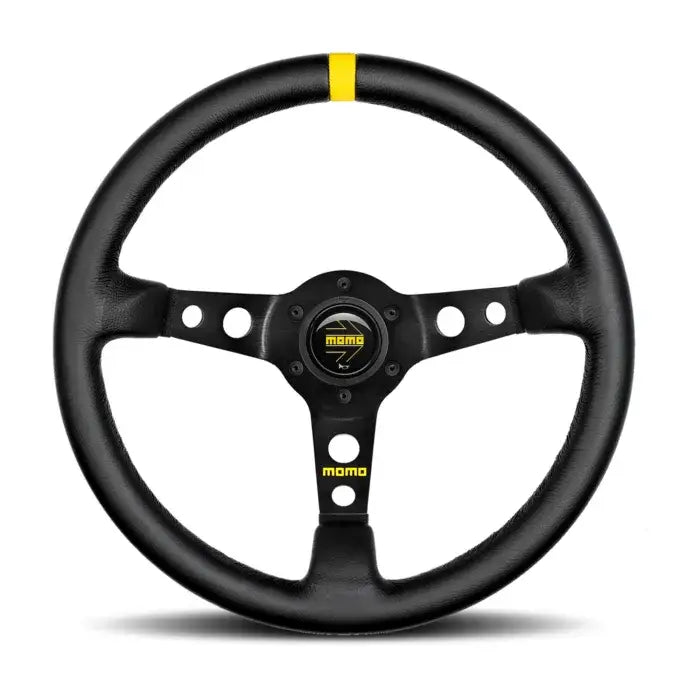 Image of Momo MOD. 07 350mm Steering Wheel w/ Black Suede - Black Spokes - Yellow Stripe