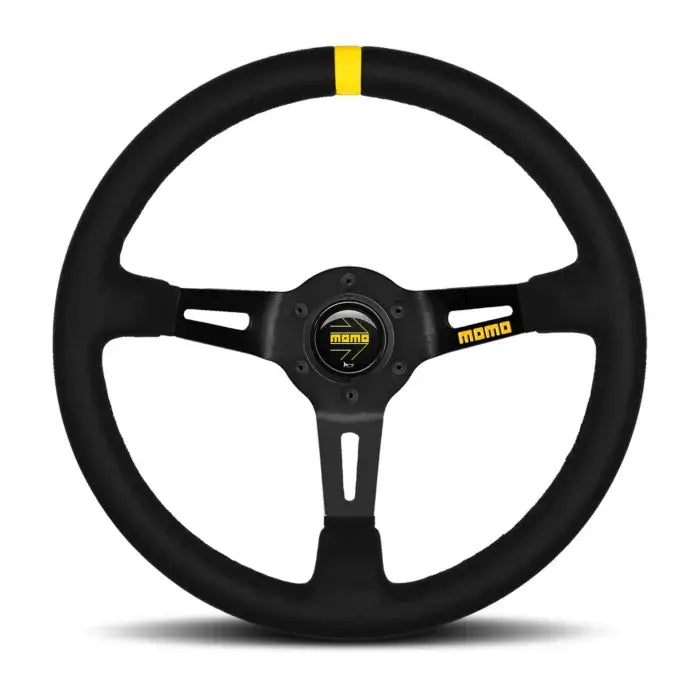 Image of Momo MOD. 08 350mm Aluminum Steering Wheel w/ Black Suede & Yellow Racing Stripe