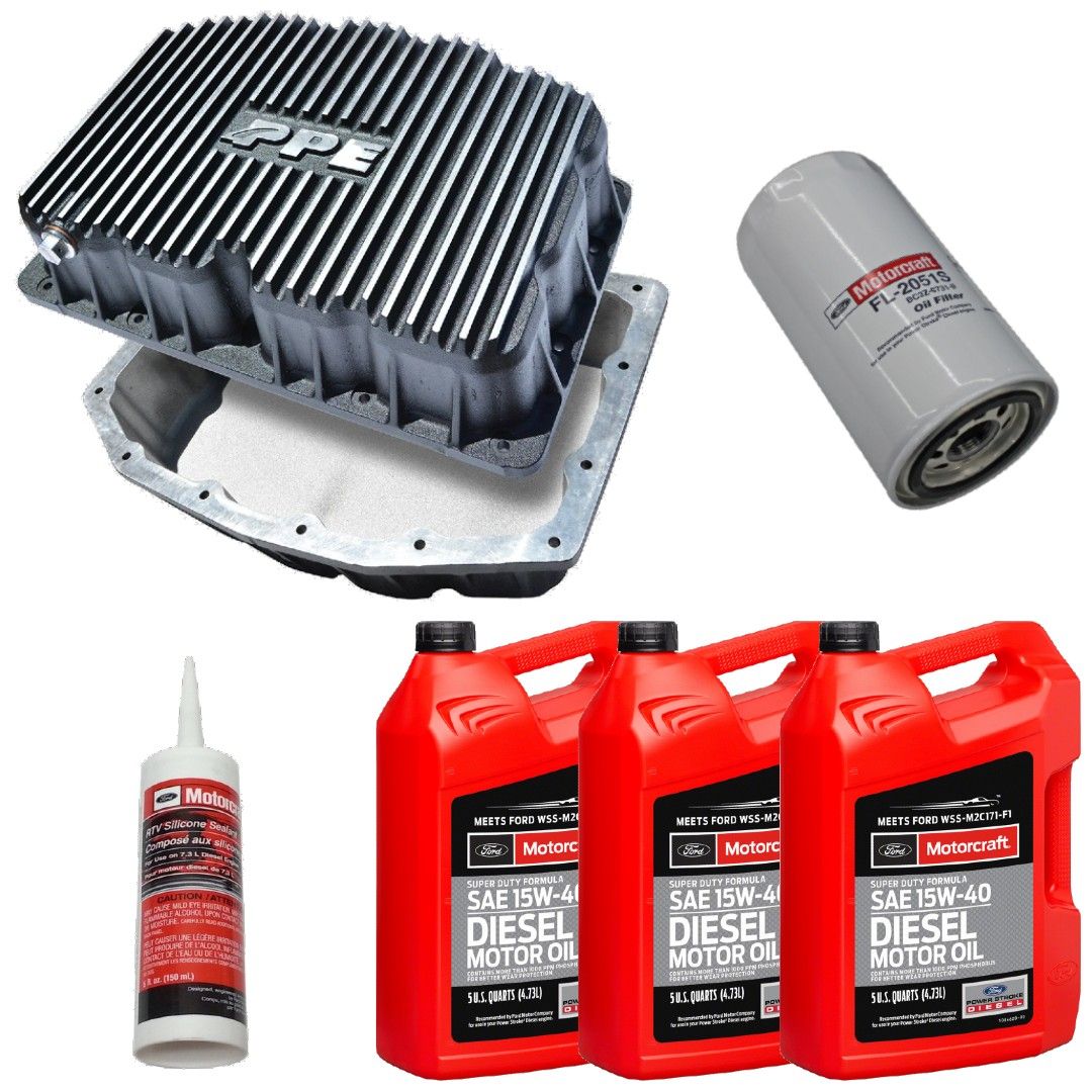 OEM Ford - PPE Brushed Oil Pan W/ Motorcraft 15W-40 Oil/Filter For 11-21 6.7L Powerstroke