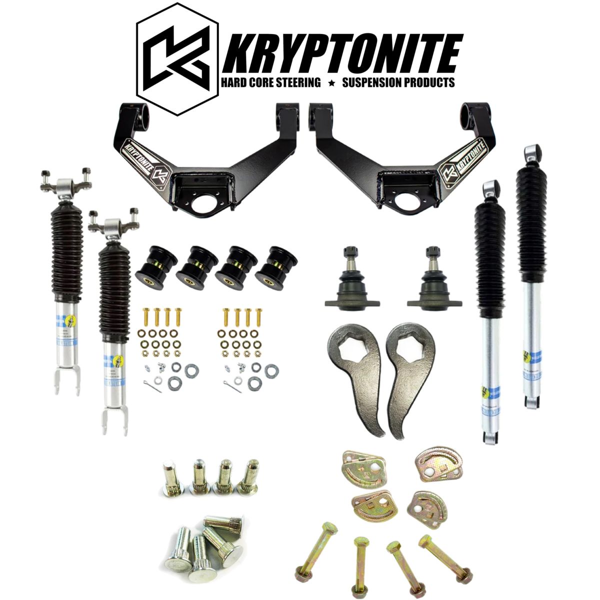 Kryptonite - Kryptonite Stage 3 Leveling Kit/Bilstein Shocks/Cam Bolts/Alignment Pin Kit 11-19 GM 2500HD 3500HD