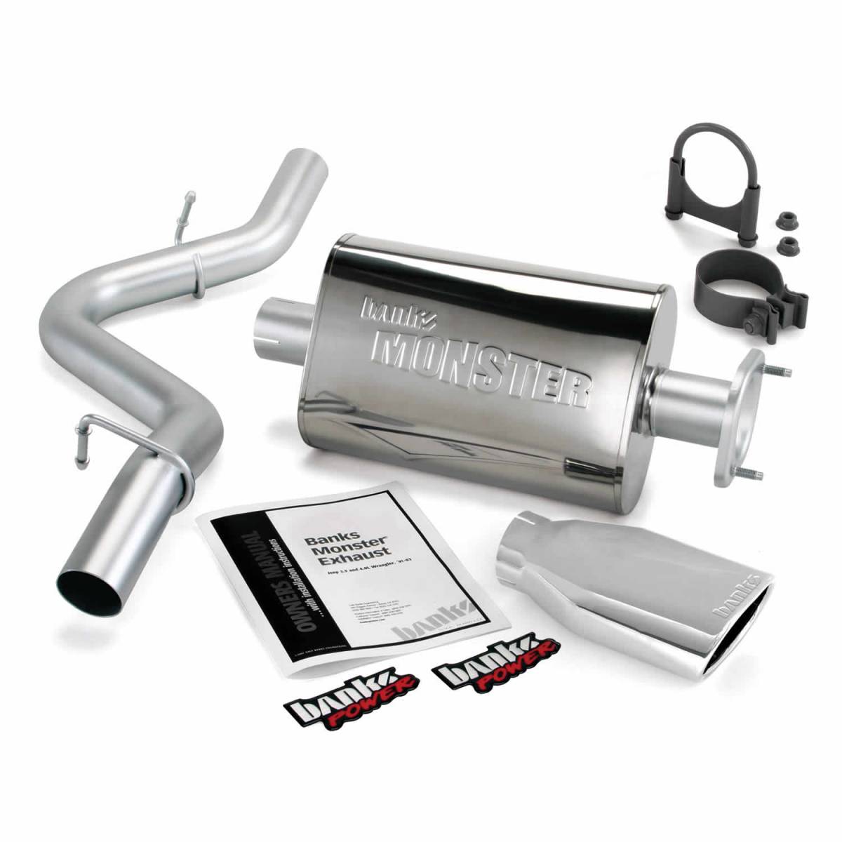 Image of Banks Power Monster Exhaust System Single Exit Chrome Ob Round Tip 04-06 Jeep 4.0L Wrangler Unlimited LJ