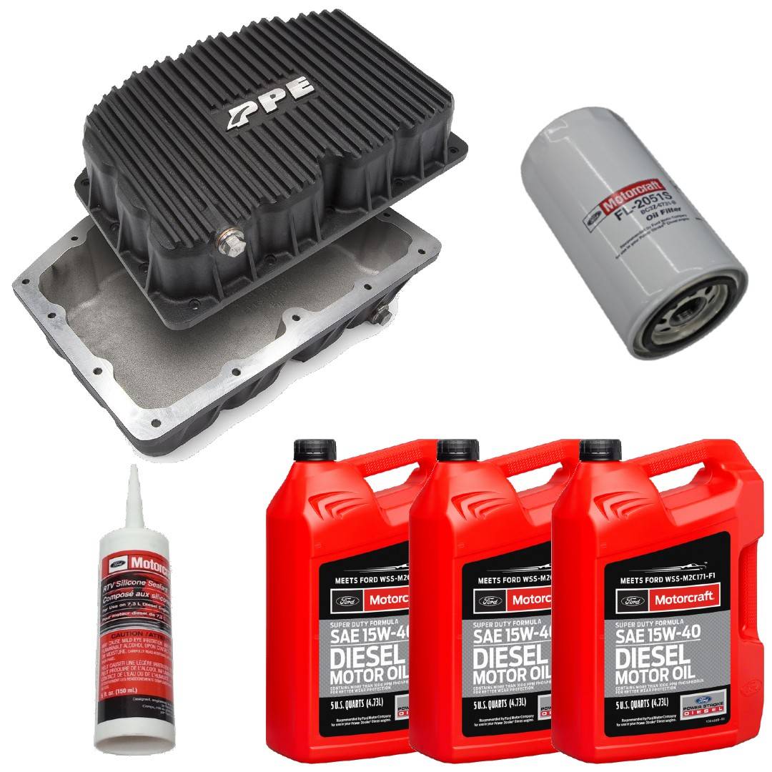 Image of PPE Black Oil Pan With Motorcraft 15W-40 Oil/Filter For 11-21 6.7L Powerstroke